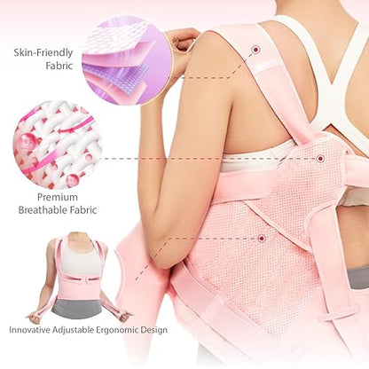 Posture Corrector for Women and Men, Full Back Brace with Breathable Mesh, Shoulder Straightener for Back & Neck Pain Relief, Spine Alignment & Hunchback Support(Pink M)