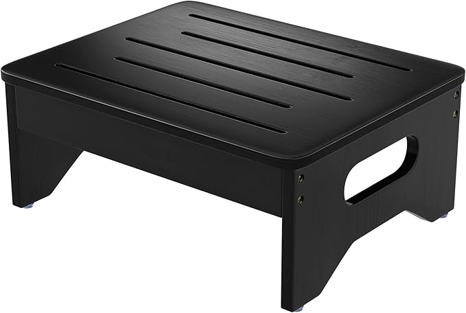 Wooden Step Stool for Adults & Kids, Non-Slip Rubber Feet, 6.5 Inch High, Lightweight Small Step, 400 Lbs Capacity, Bed Step Stool for High Bed, Bathroom & Kitchen, Black