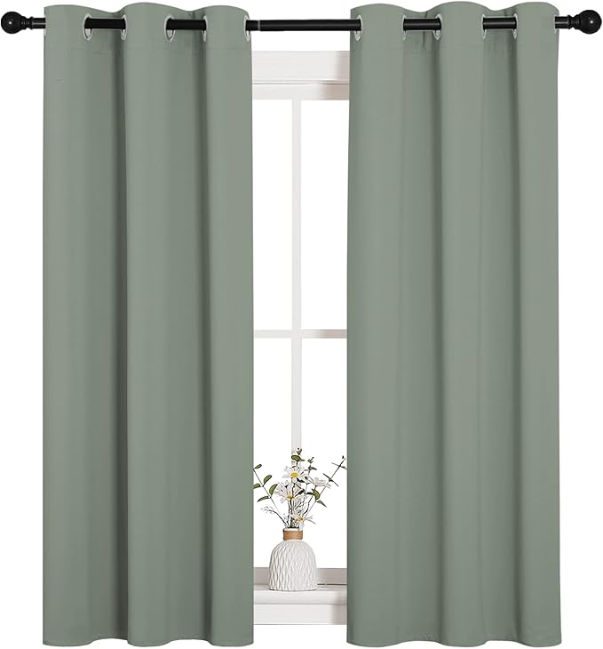 NICETOWN Window Curtain Panels, Thermal Insulated Solid Grommet Blackout Draperies/Drapes for Basement (Greyish Green, 1 Pair, 34 by 54-inch)
