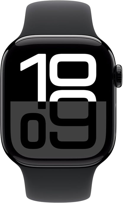 Apple Watch Series 10 [GPS + Cellular 42mm case] Smartwatch with Jet Black Aluminum Case with Black Sport Band - S/M. Fitness Tracker, ECG App, Always-On Retina Display, Water Resistant