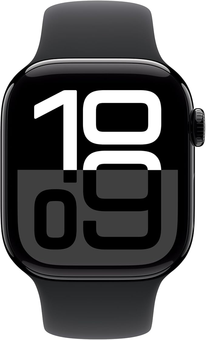 Apple Watch Series 10 [GPS + Cellular 42mm case] Smartwatch with Jet Black Aluminum Case with Black Sport Band - M/L. Fitness Tracker, ECG App, Always-On Retina Display, Water Resistant