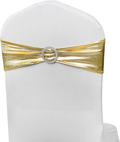 Spandex Gold Chair Sashes Bows 50 Pack Stretch Chair Bands with Buckles Elastic Slider Chairs Ties for Wedding Decorations Party Reception Events Banquet Decor - Metal Gold
