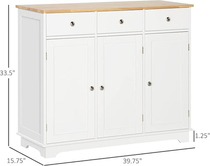HOMCOM Sideboard with Solid Wood Countertop, Modern Kitchen Storage Cabinet, Coffee Bar Cabinet with 3 Drawers, Doors and Adjustable Shelf, White