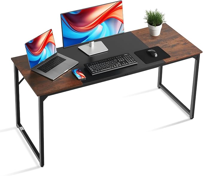 VEVOR Computer Desk, 63 Inch Office Gaming Desk for Home Office, Writing Study Work Modern Simple Table with Metal Frame for Large Legroom, Rustic Brown and Black