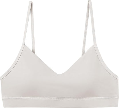 Oalka V Neck Sports Bra for Women Adjustable Padded Thin Straps Wireless Yoga Bras