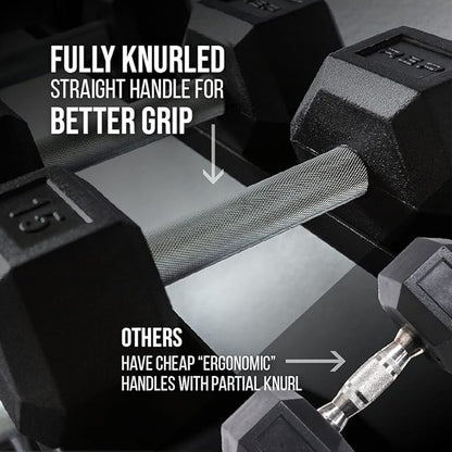 REP FITNESS Dumbbell Set with Bench – 5-50, 5-75 or 5-100 Rubber Hex Dumbbell Set with Either Flat or Adjustable Bench