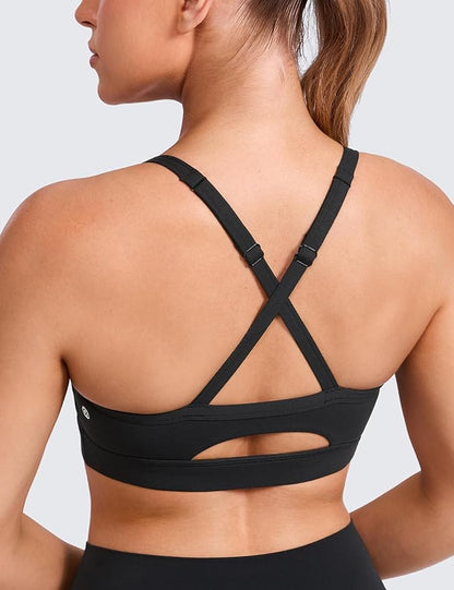 CRZ YOGA Butterlift Cut-Out Cross Back Sports Bras for Women - Medium Impact Adjustable Thin Straps Pilates Padded Gym Tops