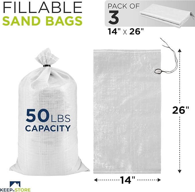 Heavy Duty Sand Bags Pack of 3, White Empty Sandbags with Built-In Ties, Woven Polypropylene UV Protection 1600 Hours, Fillable Bags for Flood Control, Weight, 14x26 inches, 50 Pounds Volume