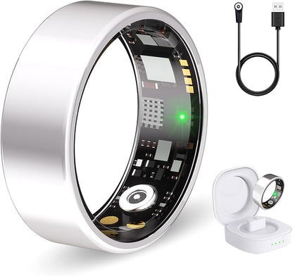 Smart Ring Health Tracker for Women & Men, Fitness Ring with Heart Rate Blood Oxygen, Sleep monitor, Step Tracker, IP68 Waterproof Compatible with iOS & Android, No Subscription Fee (Silver, 8)