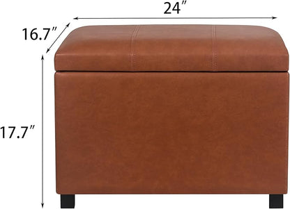 Asense 24'' Small Square Ottoman with Lift Off Lid, Storage Cube Leather Ottoman for Foot Rest, Footstool for Dorm, Living Room, Bedroom, Cognac Brown