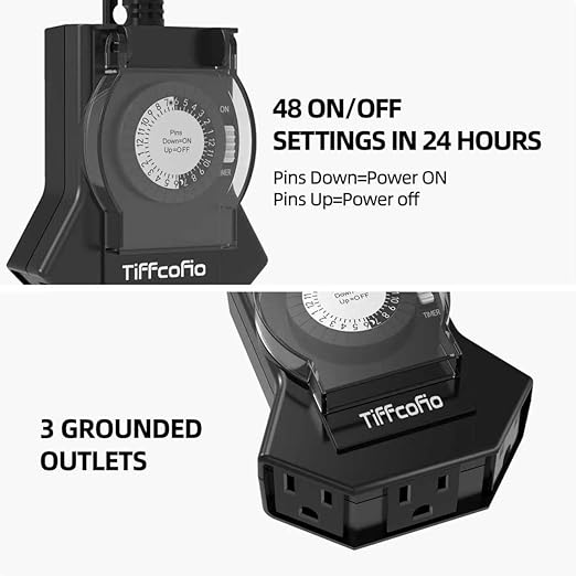 Outdoor Timer Outlet Waterproof, 24 Hour Mechanical Light Timer Outdoor, 2 Grounded Outlets for Home and Garden, 15A 1/2HP, Heavy Duty, ETL Listed (2 Packs)