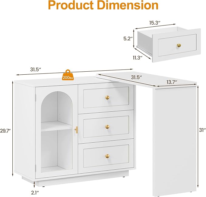 RoyalCraft L Shaped Home Office Desk, Extendable and Rotatable Desk with 3 Drawers and Door, Corner Computer Desk, Modern Study Writing Table for Bedroom, Home Office, White