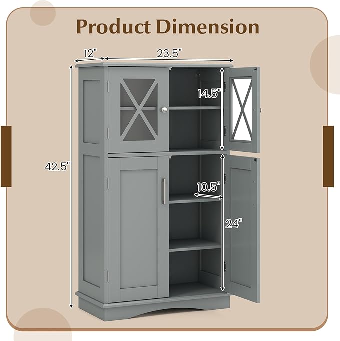 Tangkula Freestanding Floor Cabinet w/2 Glass Doors, 3-Level Adjustable Shelves, Anti-toppling Design, Kitchen Pantry Cupboard for Bathroom, Living Room (Grey)