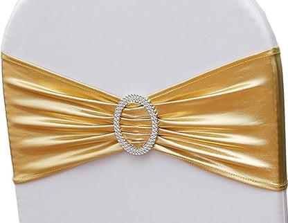 Spandex Gold Chair Sashes Bows 50 Pack Stretch Chair Bands with Buckles Elastic Slider Chairs Ties for Wedding Decorations Party Reception Events Banquet Decor - Metal Gold