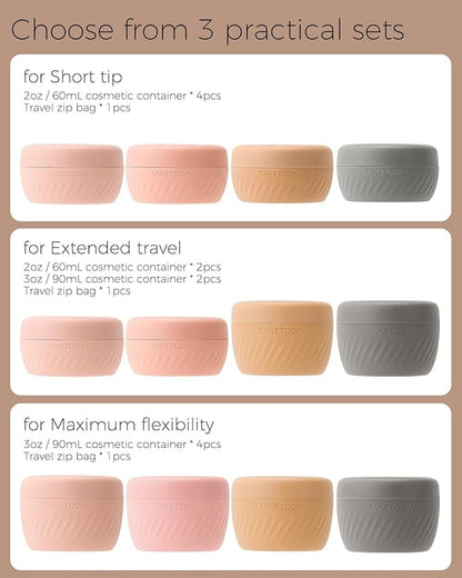 TakeToday Travel Containers for Toiletries, Leak-Proof, TSA Approved, Refillable Silicone Cylindrical Cream Jars with Lid for Cosmetic Toiletry, 2 &3oz, 4 Pack, Apricot