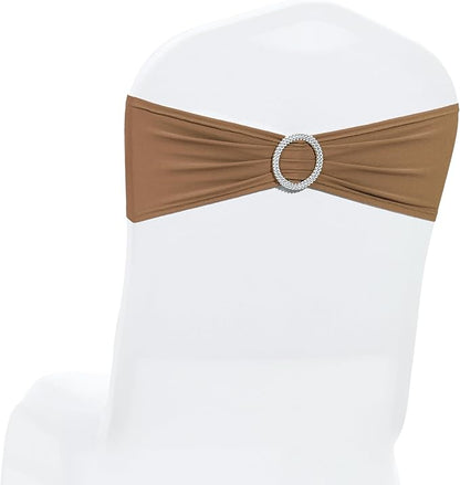 MDS Pack of 125 Spandex Chair Sashes Bows Universal fits Elastic Stretch Chair Bands Ties with Buckle Slider Bow for Wedding Decoration Spandex Slider Sashes Bow - Mocha