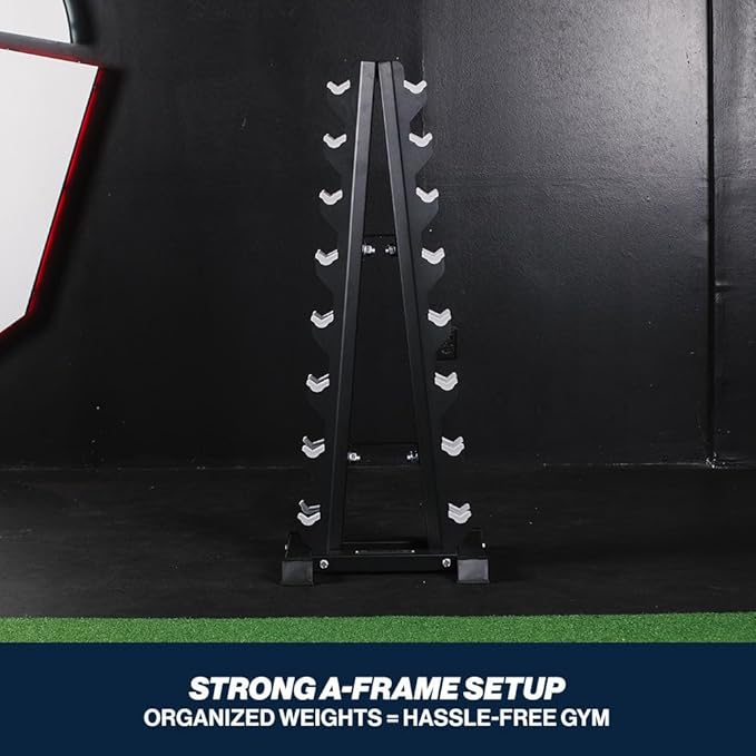 Titan Fitness 8 Pair Vertical Dumbbell Rack, A-Frame Configuration, Fits 16 Dumbbells Up to 50 LB Each, Protective Bumper Cradles, 600 LB Total Capacity, Home Gym Accessories