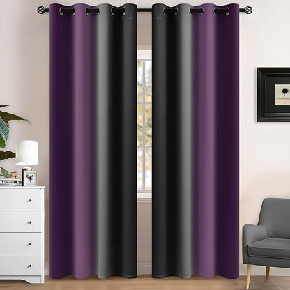 Yakamok Blackout Ombre Purple and Black Curtains for Bedroom, Gradient Room Darkening Curtains, Grommet Thermal Insulated Light Blocking Window Drapes/Curtain for Living Room,52 x 84 Inch,2 Panels
