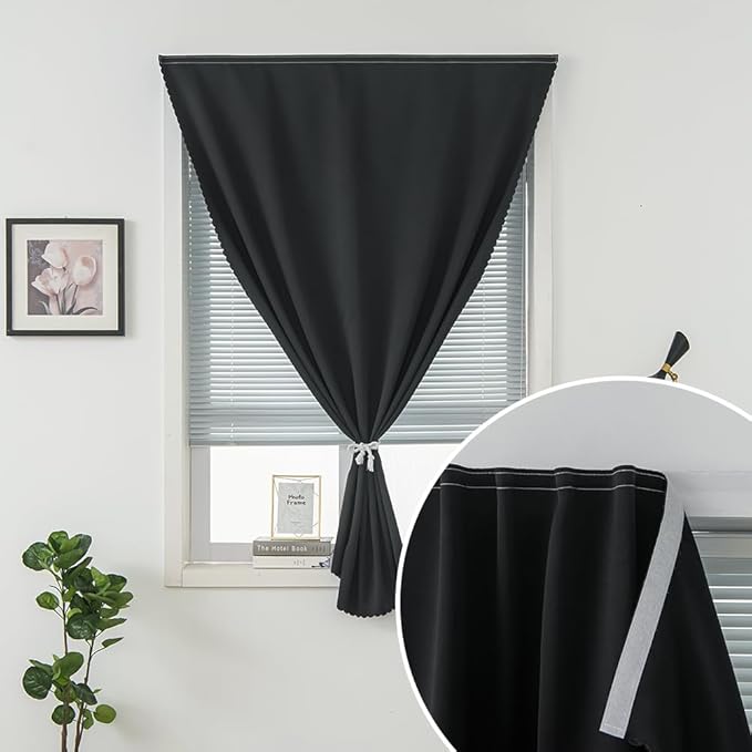 Adhesive Blackout Curtains- Self Stick Shades Window Blinds Curtains No Rod Needed Easy to Hang Curtains, Use for Bedroom, Living Room, Dining Room, Kitchen, Home Office, 35"W X 71"L, Black, 1 Panel