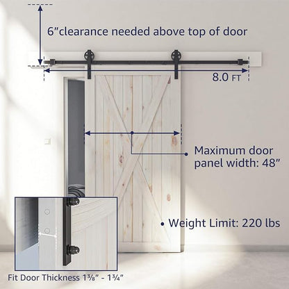SMARTSTANDARD 8 FT Heavy Duty Sliding Barn Door Hardware Kit, 4FT - 18FT, Black, Smoothly and Quietly, Simple and Easy to Install, Fit 42"- 48" Wide Door Panel (Industrial Bigwheel Hangers)