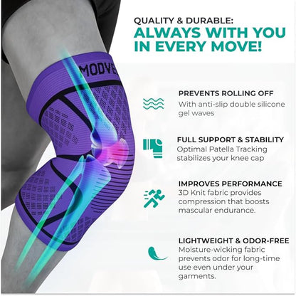 Modvel Knee Braces for Women & Men – 2 Pack Brace Set, Compression Sleeves for Meniscus Tear, ACL & Arthritis Pain Relief, Joint Support and Stability – Purple XS