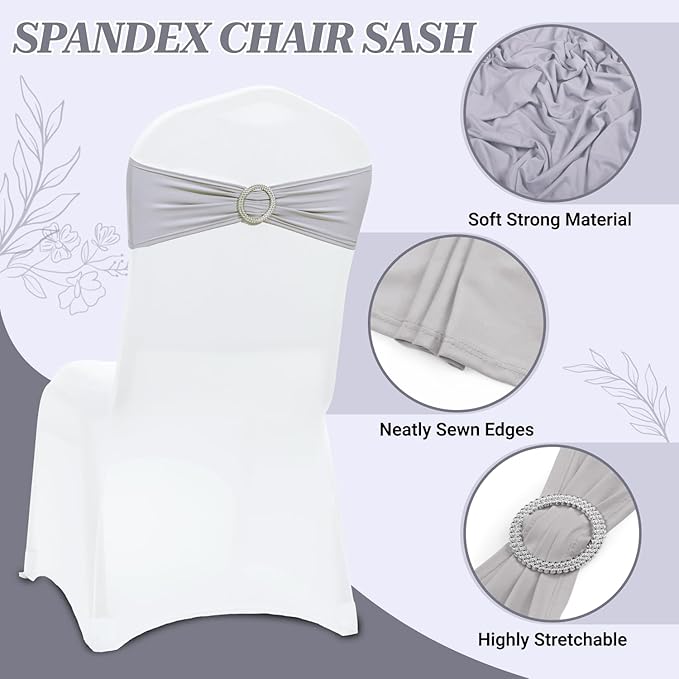 MDS Pack of 100 Spandex Chair Sashes Bow Premium Stretch Chair Cover Band with Buckle Slider Universal fits Elastic Dining Chair Ties for Wedding Party Banquet Events Decoration - Light Silver