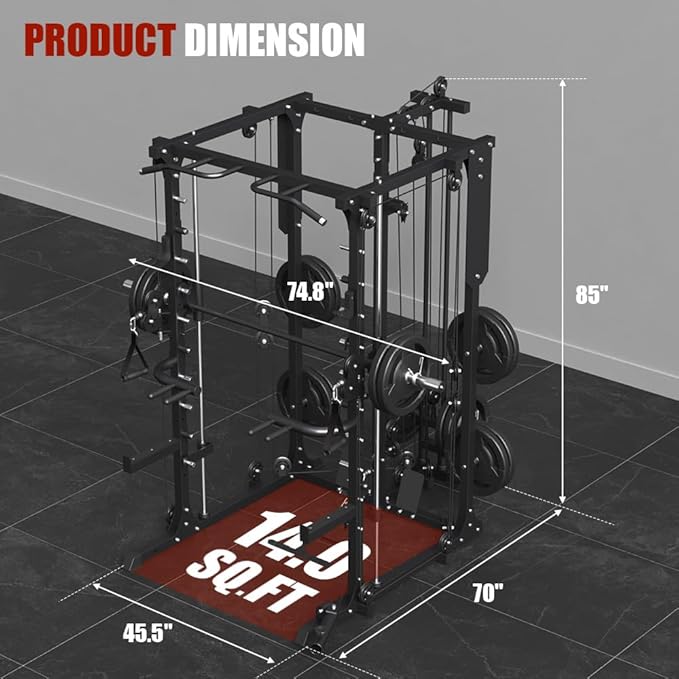 All-in-One Smith Machine Power Cage with Dual Cable Crossover, LAT Pulldown & Weight Stack System,Multifunctional Home Gym Machine with LAT Pulldown