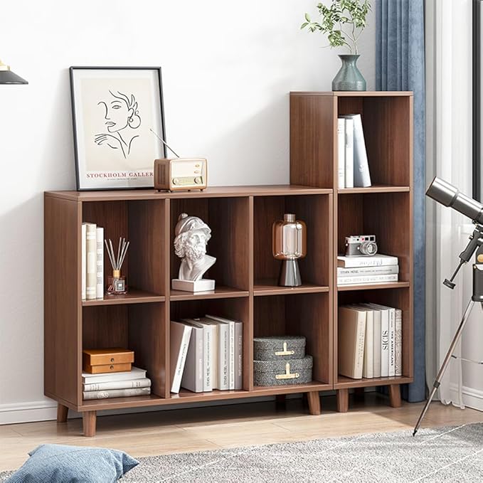 IOTXY Open Cube Low Bookcase - 3-Tier Freestanding Storage Display Cabinet Organizer with Legs for Home Office, 3-Cubes Open Shelf Short Bookshelf, Walnut