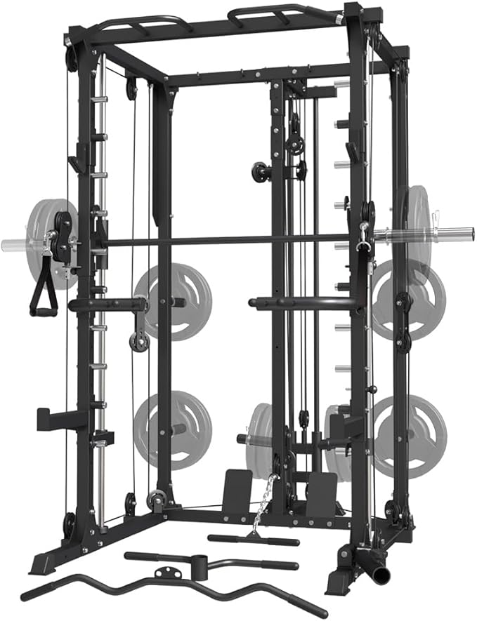 All-in-One Smith Machine Power Cage with Dual Cable Crossover, LAT Pulldown & Weight Stack System,Multifunctional Home Gym Machine with LAT Pulldown