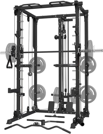 All-in-One Smith Machine Power Cage with Dual Cable Crossover, LAT Pulldown & Weight Stack System,Multifunctional Home Gym Machine with LAT Pulldown