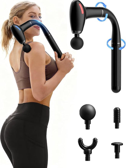 3-in-1 Massage Gun with Upgraded Extension Handle,Back Massager for Pain Relief, Portable Percussion Muscle Massager for Shoulder, Thigh, Waist & Neck Shoulders Waist Arm Legs Foot, 4 Replaceable