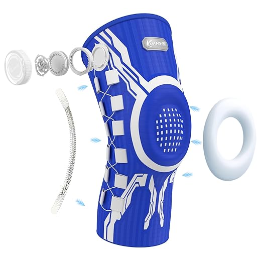 Kuangmi Knob Knee Brace for Pain Relief, Knee Support with Patella Gel Pad & Side Stabilizers, Compression Knee Sleeve for Workout, Arthritis, Joint Pain, Meniscus Tear (Blue White,Right,Large,Single)