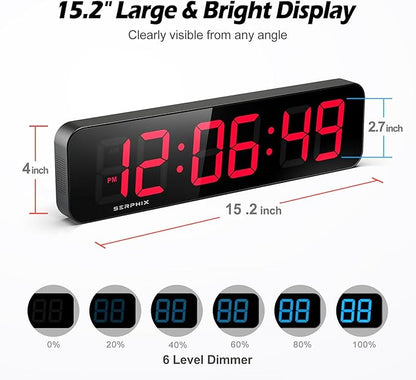 15.2" Gym Timer, Large Digital Gym Clock Wall with App & Remote Control, Customizable LED Colors, Count Down & Up, Stopwatch, Digital Timer for Fitness Classroom Home Garage Outdoor