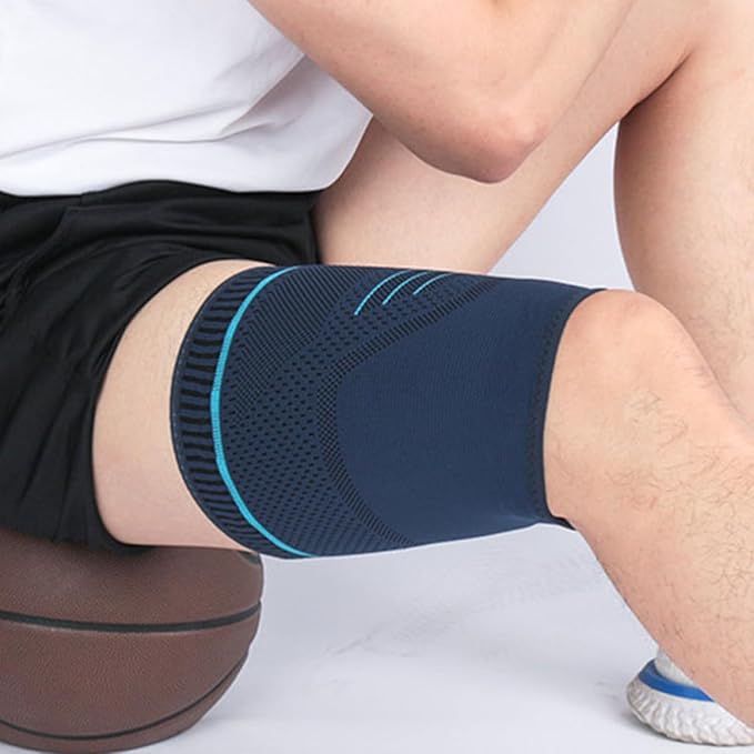 2pcs Men’s Sports Compression Leg Sleeves Dark Blue Knitted Thigh Wrap Elastic Support for Running Basketball and Cycling