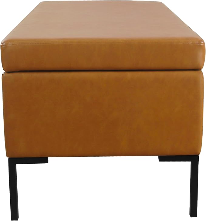 HomePop Upholstered Storage Bench with Metal Leg Home Décor|Bench with Storage for Living Room & Entryway - Faux Leather Brown