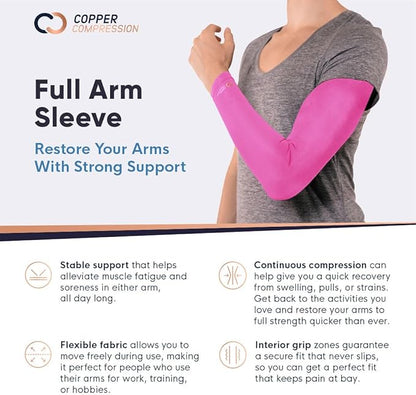Copper Compression Arm Sleeve - Copper Infused Full Arm Brace for Forearm, Bicep, Triceps - Tennis Elbow, Basketball, Golf, Arthritis, Tendonitis, Bursitis, Post Surgery Rehab - Odor Resistant - Pink - Mm