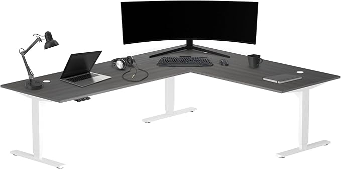 Progressive Desk Stand Up Height Adjustable Standing Desk - L Shaped 85" x 72" Corner Computer Rising Workstation Electric Table - White Frame, Gray Oak Top