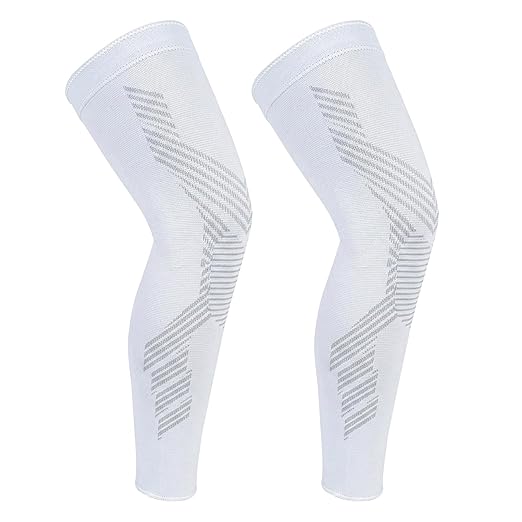 NuCamper Full Leg Compression Sleeves for Men and Women,2 Pack Legs Sleeves Long Knee Brace Support for Running, Basketball, Cycling, Workout, Sports - White,L