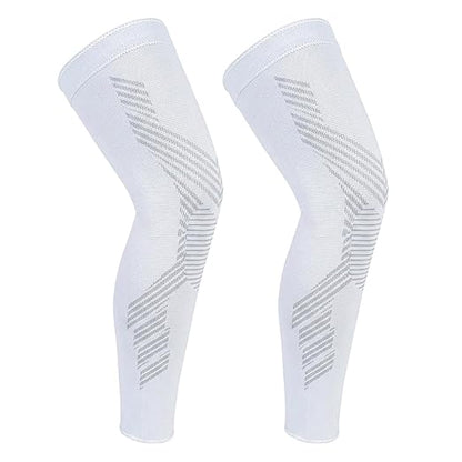 NuCamper Full Leg Compression Sleeves for Men and Women,2 Pack Legs Sleeves Long Knee Brace Support for Running, Basketball, Cycling, Workout, Sports - White,L
