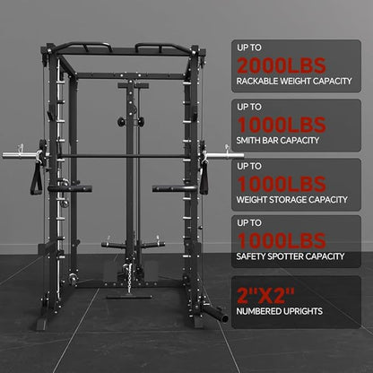 All-in-One Smith Machine Power Cage with Dual Cable Crossover, LAT Pulldown & Weight Stack System,Multifunctional Home Gym Machine with LAT Pulldown