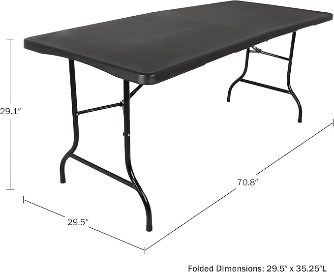 Everyday Home Folding Table - Lightweight Portable Folding Desk - 6-Foot-Long Plastic Table for Camping, Playing Cards, Parties, and Dining (Black)