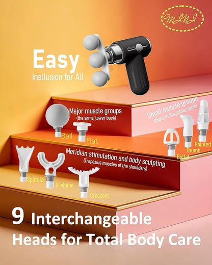 Mini Massage Gun Deep Tissue, Portable Handheld Massage Gun for Muscle Recovery, Quiet Percussion Massager with 9 Heads, USB-C Rechargeable Massage Gun for Travel, Gym & Office, Matte Black