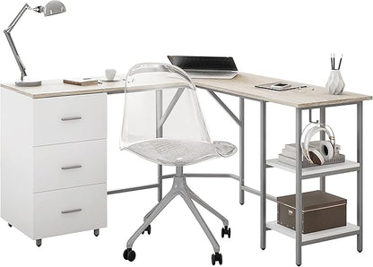 Techni Mobili L Shaped Desk - Two-Toned Computer Desk with Drawers & Storage Shelves - Simple Modern Furniture & Home Office Space Corner Table for Work & Writing