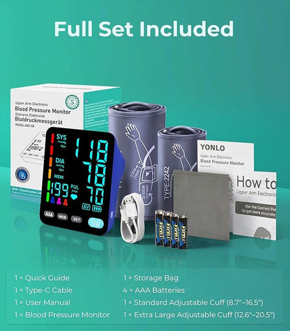 Blood Pressure Monitor, Automatic Upper Arm Blood Pressure Monitors for Home Use, 2 Blood Pressure Machine Cuff(9-17in & 13-21in) with Large LED Backlit Display, 3x199 Reading Memory Users Blue