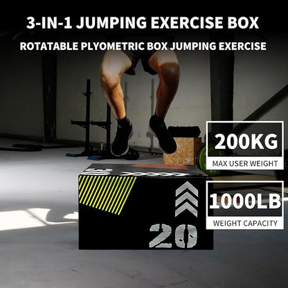 Plyometric Jump Box16 x20 x24,3-in-1 Adjustable Height Plyo Box for Home Gym, Jump Platforms Step Up Box,Non-Slip PE Cover for Box Jumps, Step Ups, Strength Training