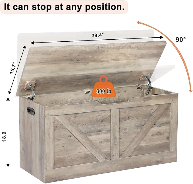 39.4" Storage Chest, Wooden Storage Bench, Large Storage Trunk with 2 Safety Hinges, Entryway Shoes Bench for Living Room, Bedroom, Grey