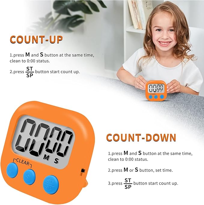 12 Pack Small Digital Kitchen Timer Magnetic Back and ON/Off Switch,Minute Second Count Up Countdown（White,Blue,Orange