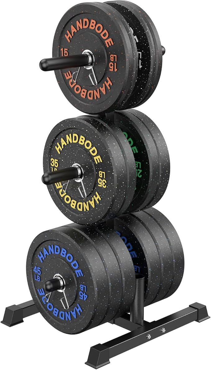 HANDBODE Weight Plate Rack with Barbell Storage, 6-Peg Vertical Holder for 1 or 2-Inch Plates, Heavy Duty 1100 lbs Capacity for Home Gym Organization