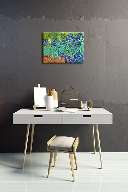 Wieco Art Irises Modern Stretched and Framed Floral Giclee Canvas Print By Van Gogh Famous Flowers Oil Paintings Reproduction Artwork Pictures on Canvas Wall Art for Bedroom Home Decorations