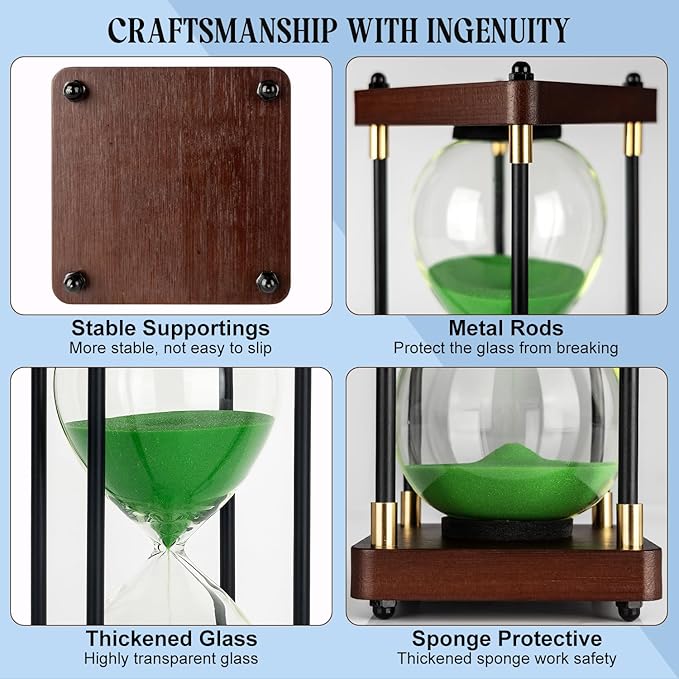 Sand Timer 60 Minutes Hourglass, Vintage Wooden Hour Glass Timer, Large Sandglass Timer Sand Clock for Games Classroom Kitchen Home Office Decor (Green Sand)